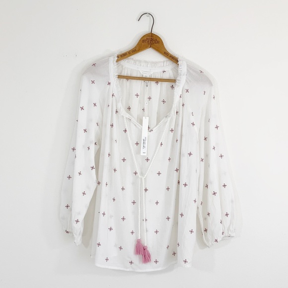 Caslon Tops - Pink Floral Embroidered Boho Peasant top
